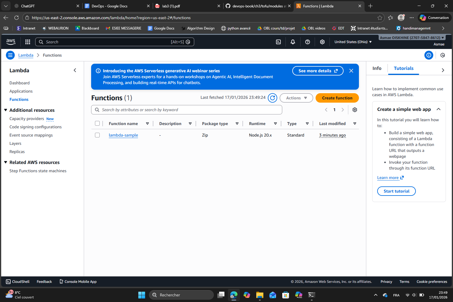 Lambda function in console